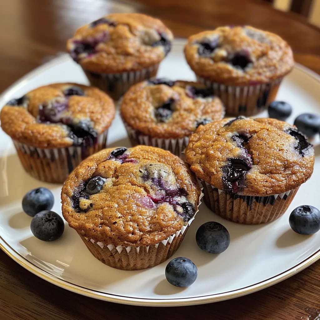 Delicious healthy blueberry muffins displayed on a wooden background.