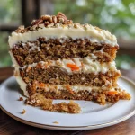 Vibrant carrot cake slice featuring a blend of nuts and spices, decorated with a creamy frosting.