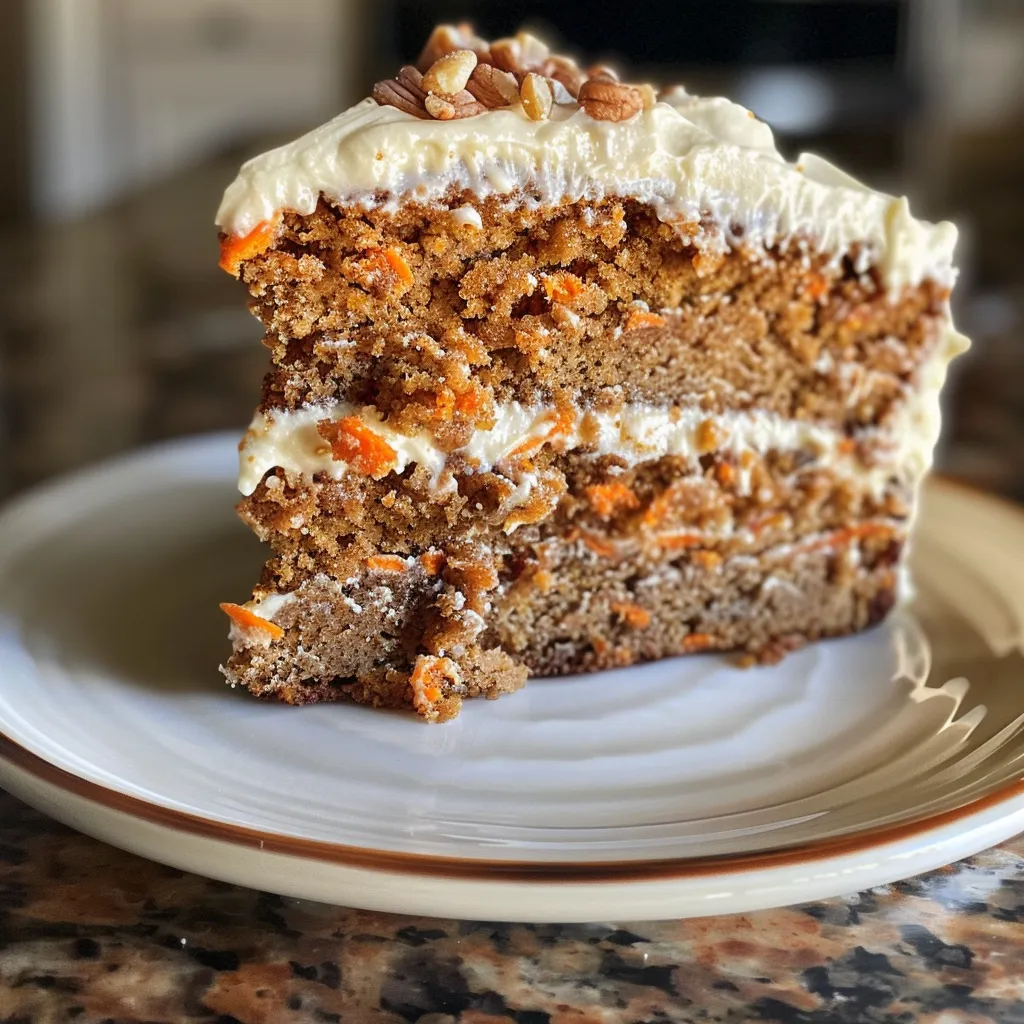 Freshly baked healthy carrot cake displayed on a plate, highlighting grated carrots and nuts in the composition.