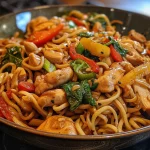 A side view of a healthy chicken noodle dish garnished with herbs.
