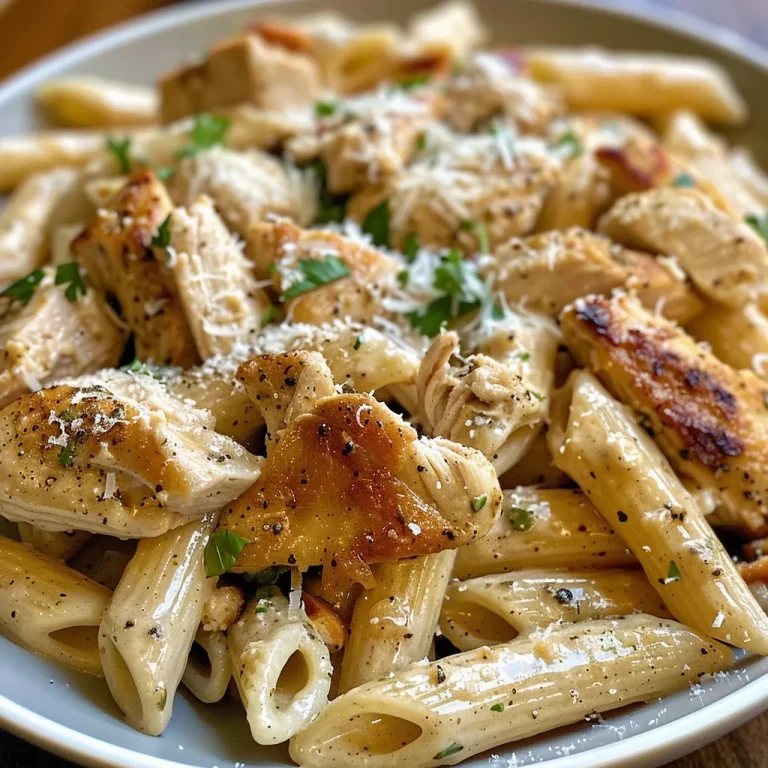 Side view of a bowl of Healthy Chicken Pasta, showcasing creamy sauce and fresh ingredients.