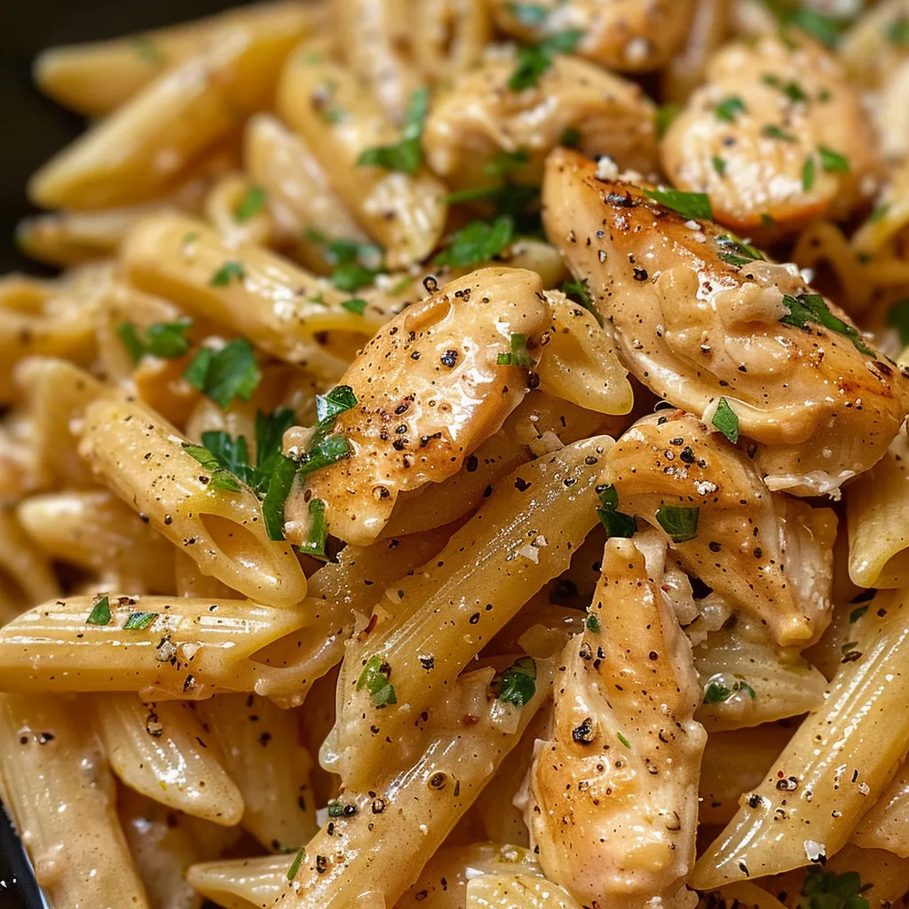 Appetizing Garlic Parmesan Chicken Pasta in a bowl, highlighting tender chicken and spinach.