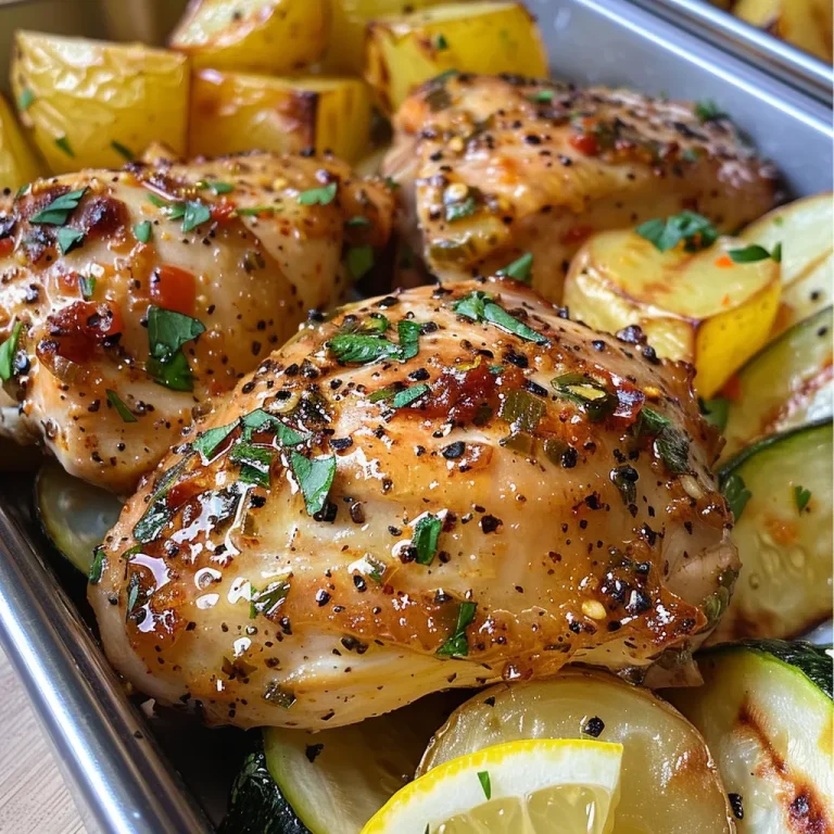 A side view of a meal prep bowl filled with lemon garlic chicken, potatoes, and sliced zucchini.