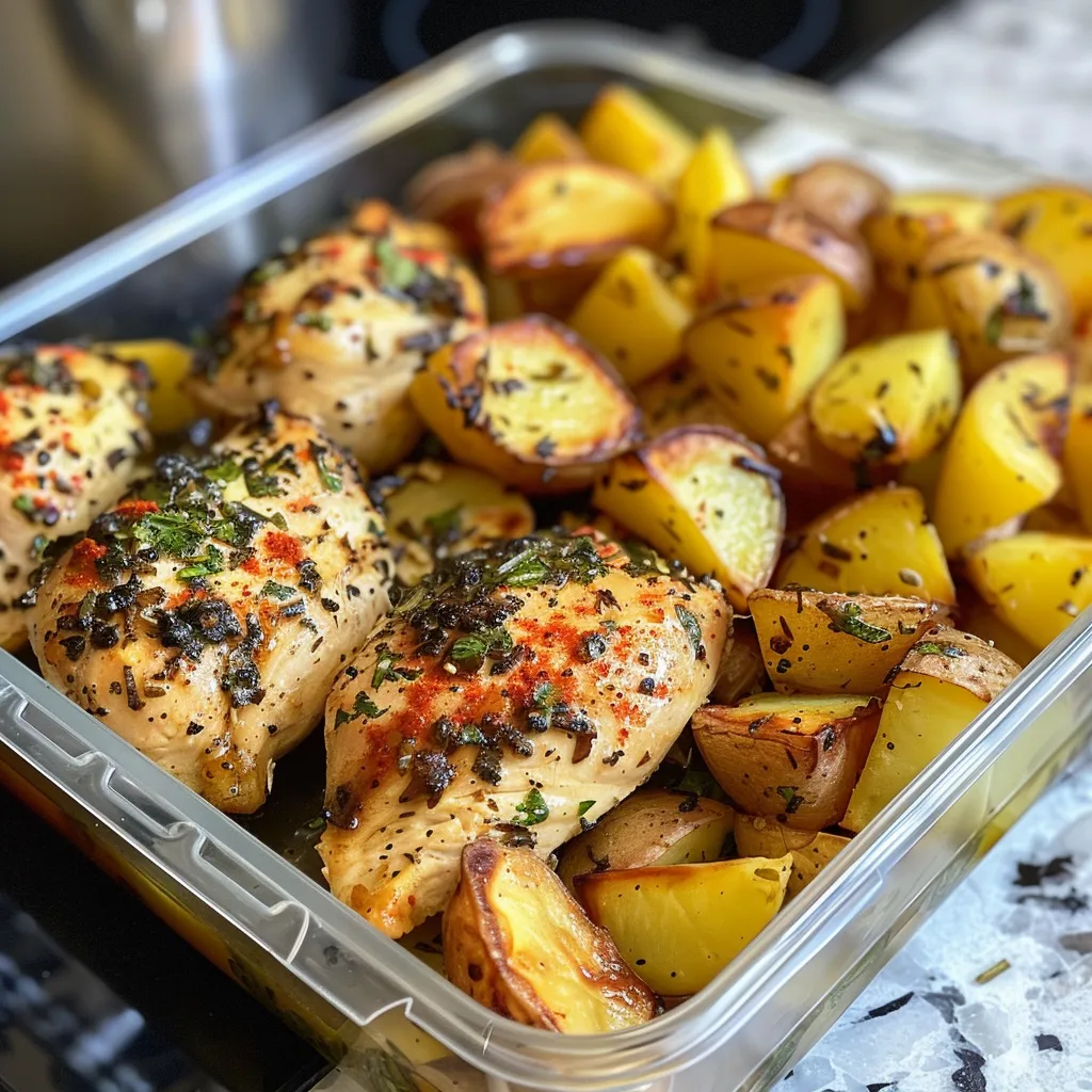 Healthy meal prep bowl showcasing lemon garlic chicken alongside roasted potatoes and zucchini slices.