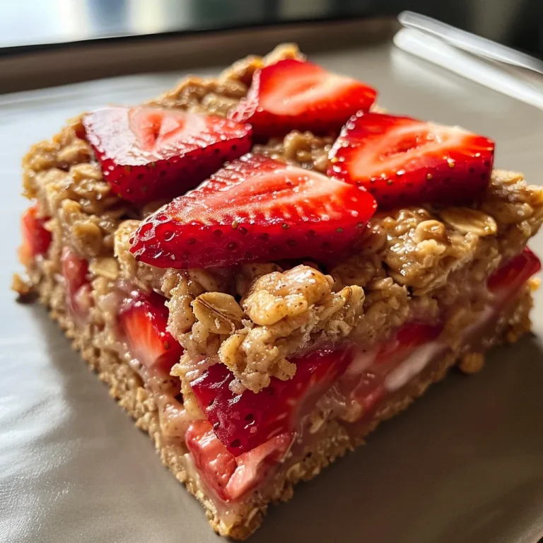 Detailed shot of strawberry oatmeal bars, highlighting the rolled oats and strawberry pieces in the dish.