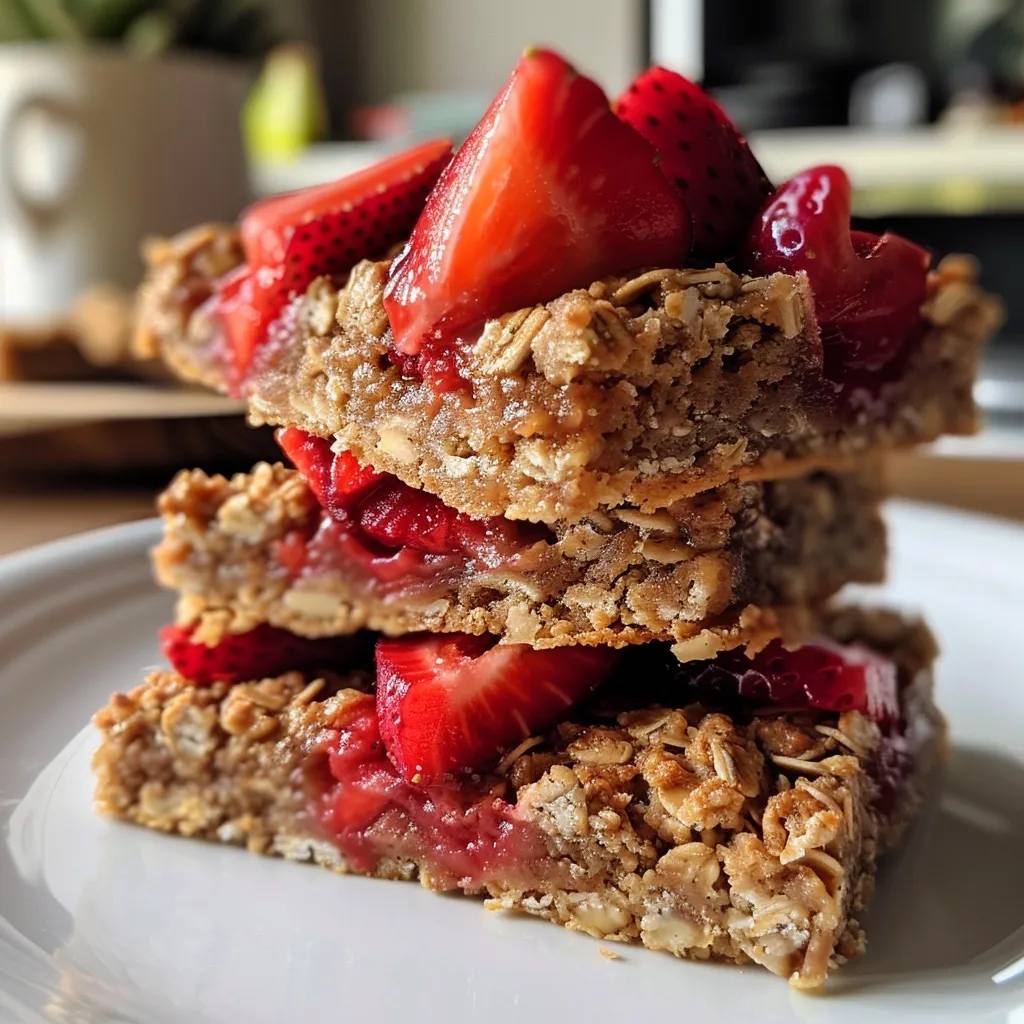 Delicious healthy strawberry oatmeal bars arranged on a plate, with a hint of powdered sugar on top.