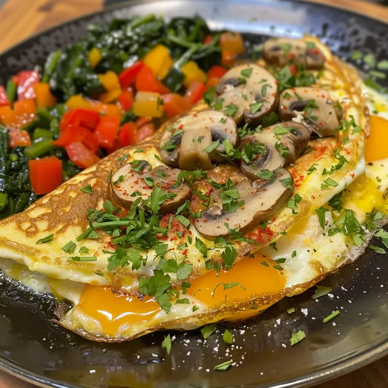 A vibrant omelette filled with diced bell peppers and chopped spinach, freshly cooked.