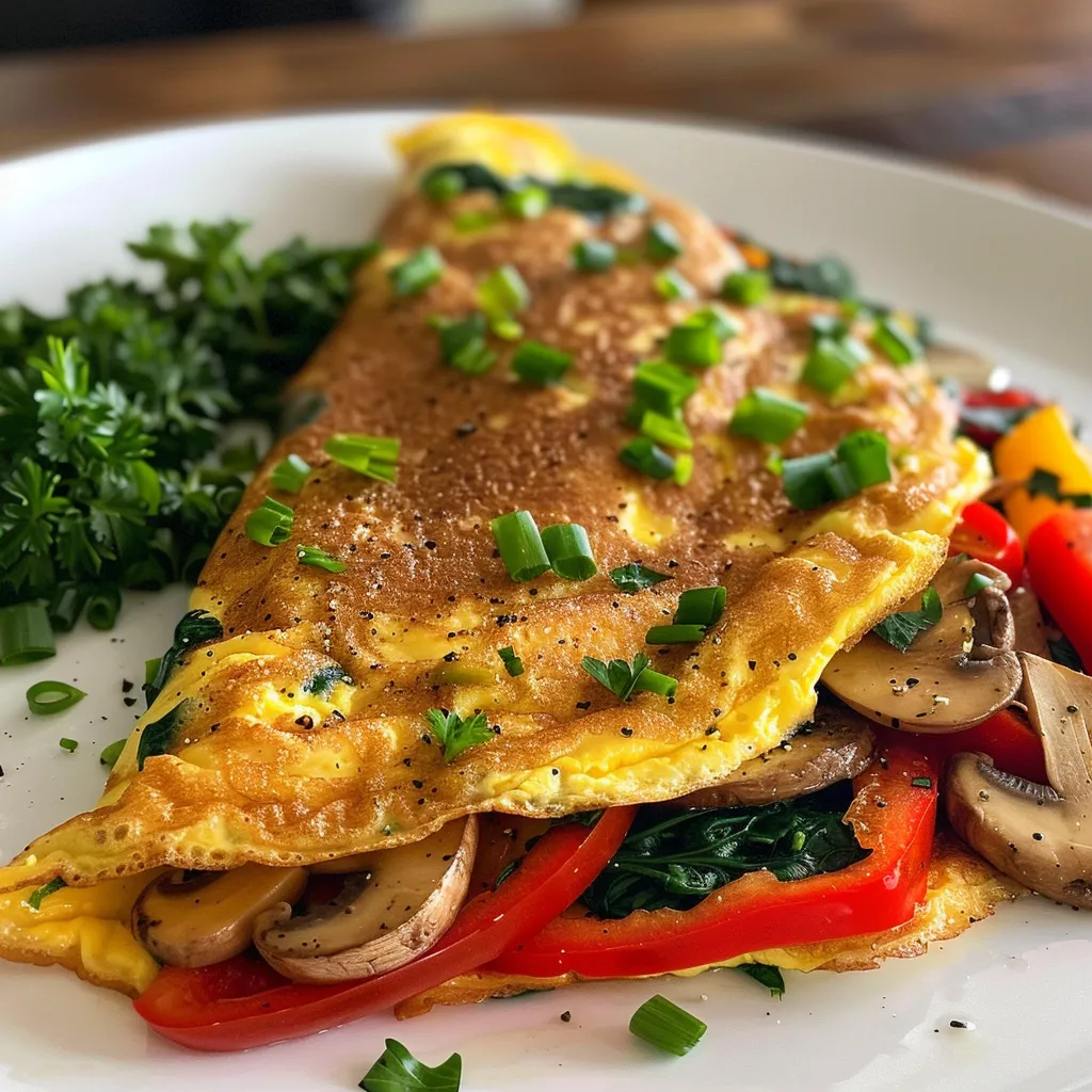 A delicious omelette featuring an array of vegetables, including mushrooms and fresh herbs.