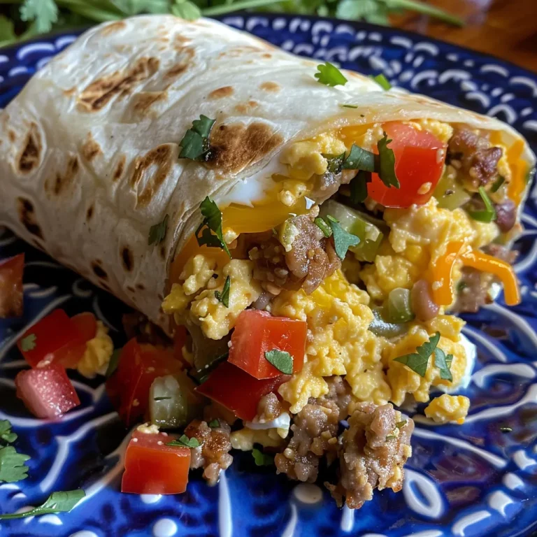 Detailed shot of a breakfast burrito wrapped in a whole wheat tortilla, garnished with cilantro.