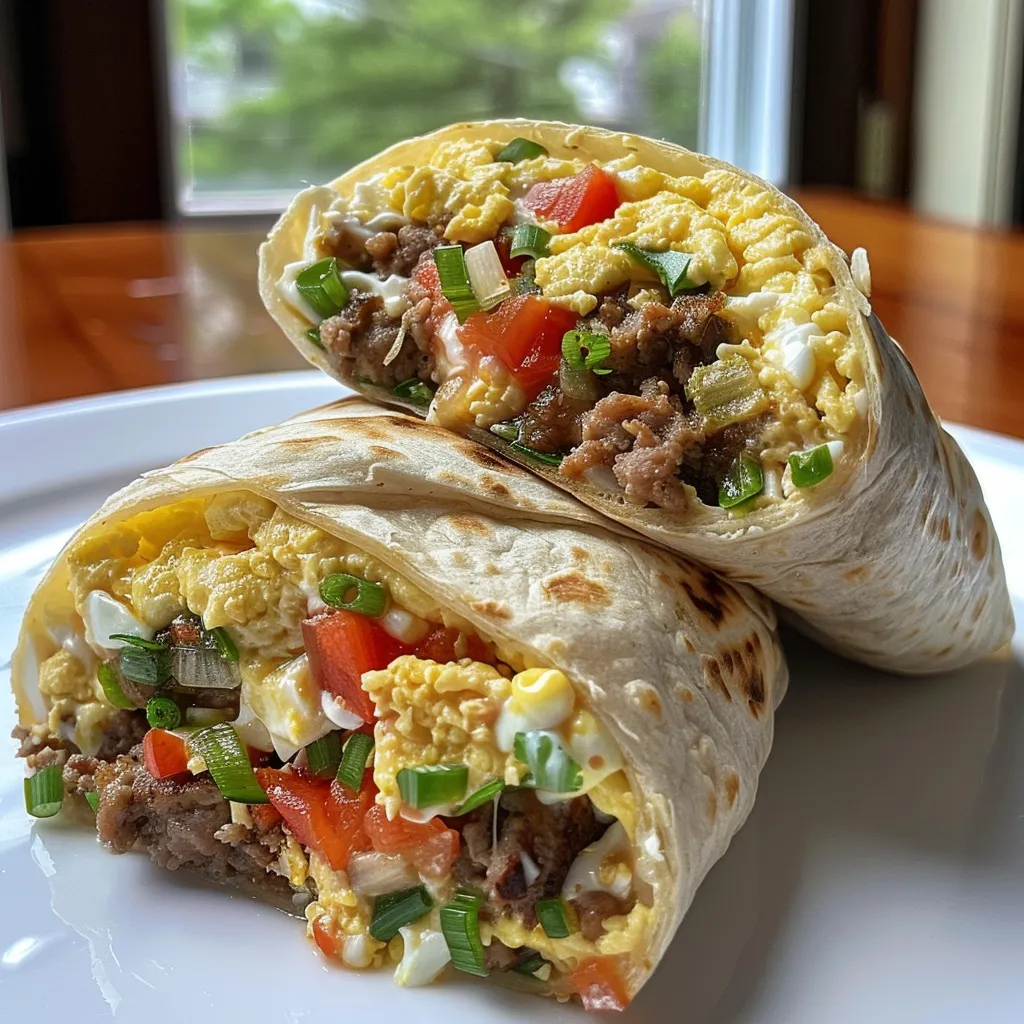 An appetizing high protein breakfast burrito with visible toppings like avocado and salsa.