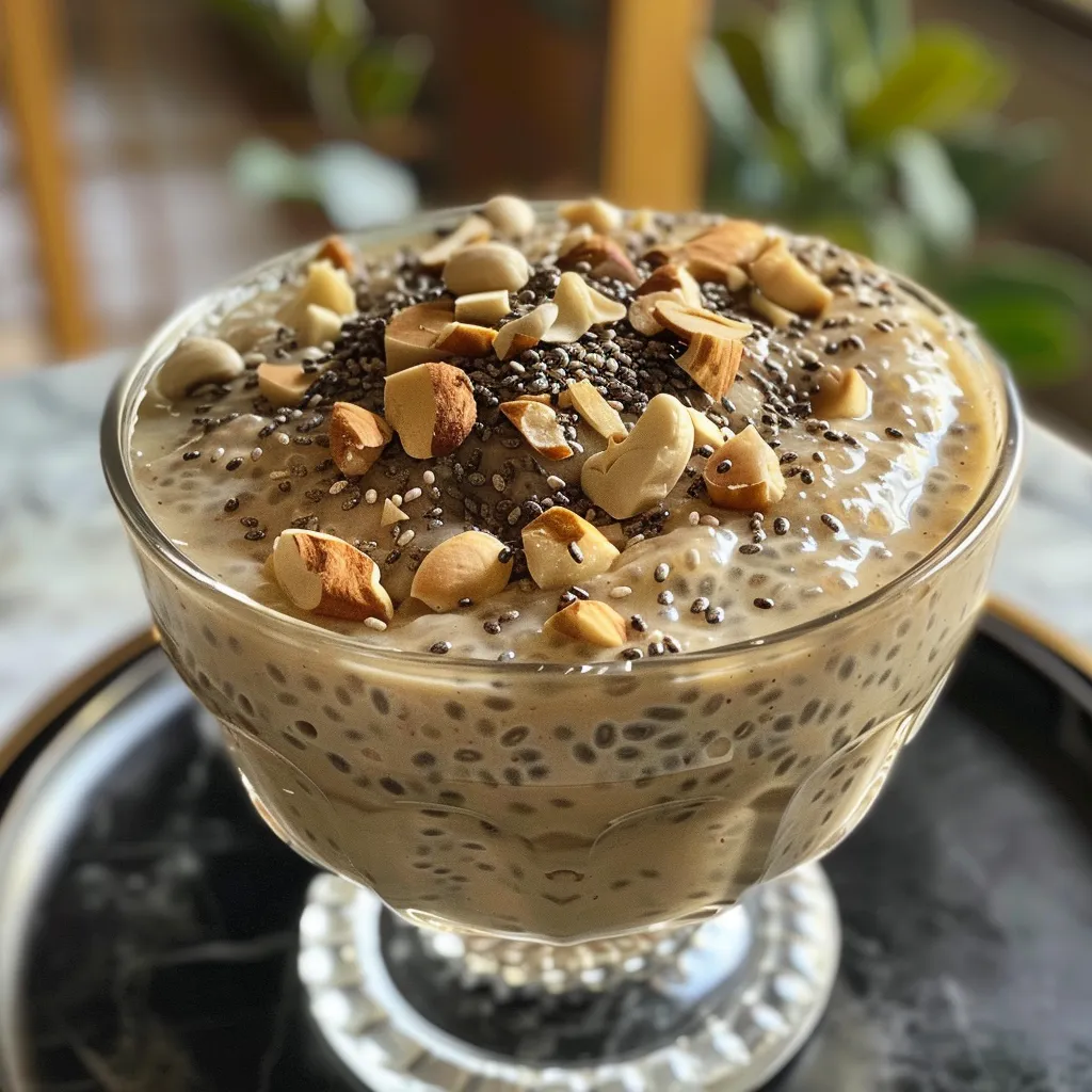 Close-up of vibrant chia seed pudding in a stylish dish, highlighting the ingredients.