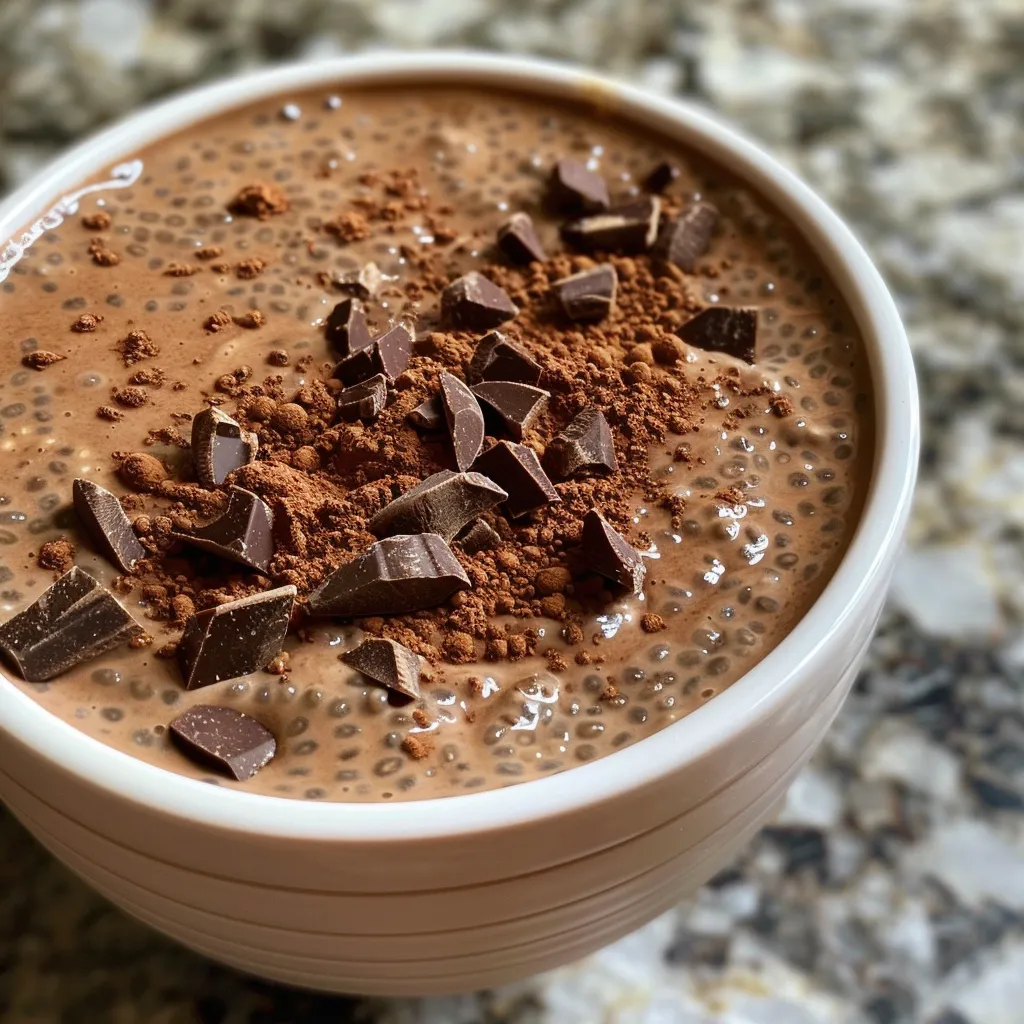 An aesthetically arranged chocolate chia pudding in a clear container, highlighting its rich color.