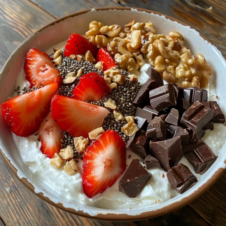 A delicious Greek yogurt bowl featuring layers of protein powder, chocolate chunks, and chia seeds.