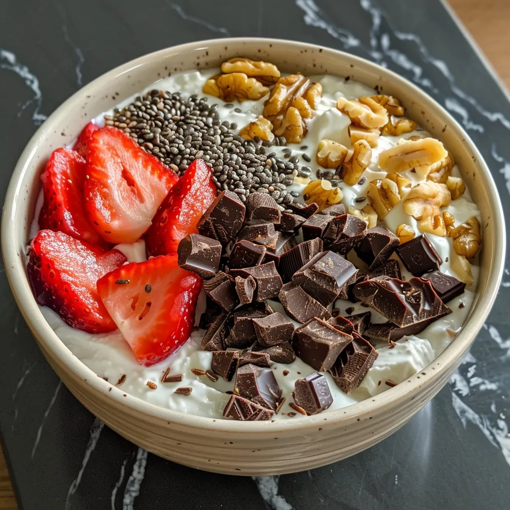 A vibrant Greek yogurt bowl showcasing diced strawberries, walnuts, and a drizzle of honey.