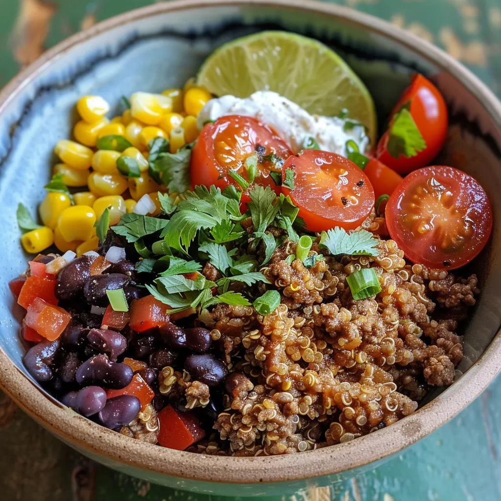 Flavorful ground beef and quinoa dish garnished with cheese and cilantro.