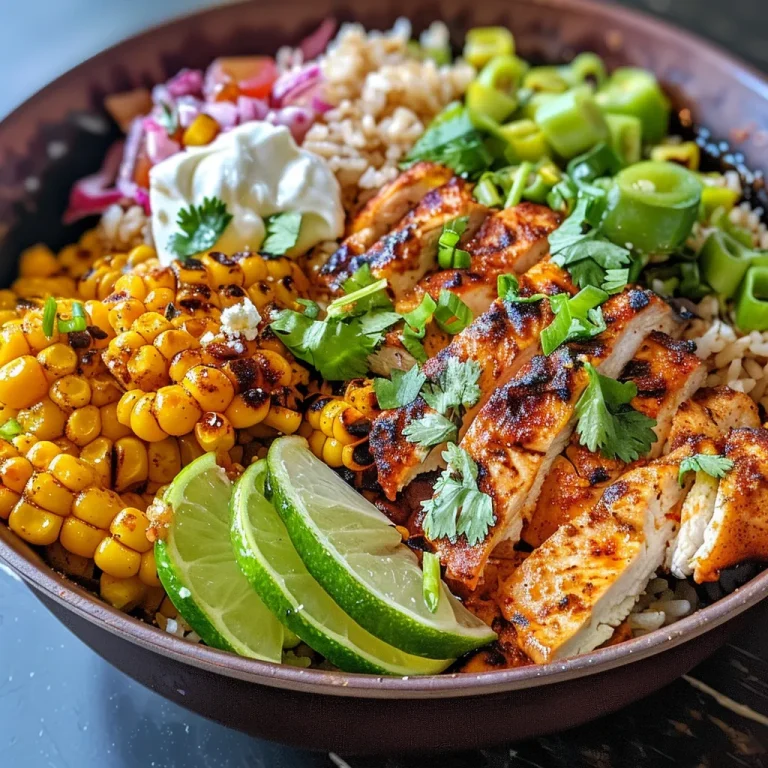 Detail shot of a High Protein Chicken Bowl filled with fire-roasted corn and creamy toppings.