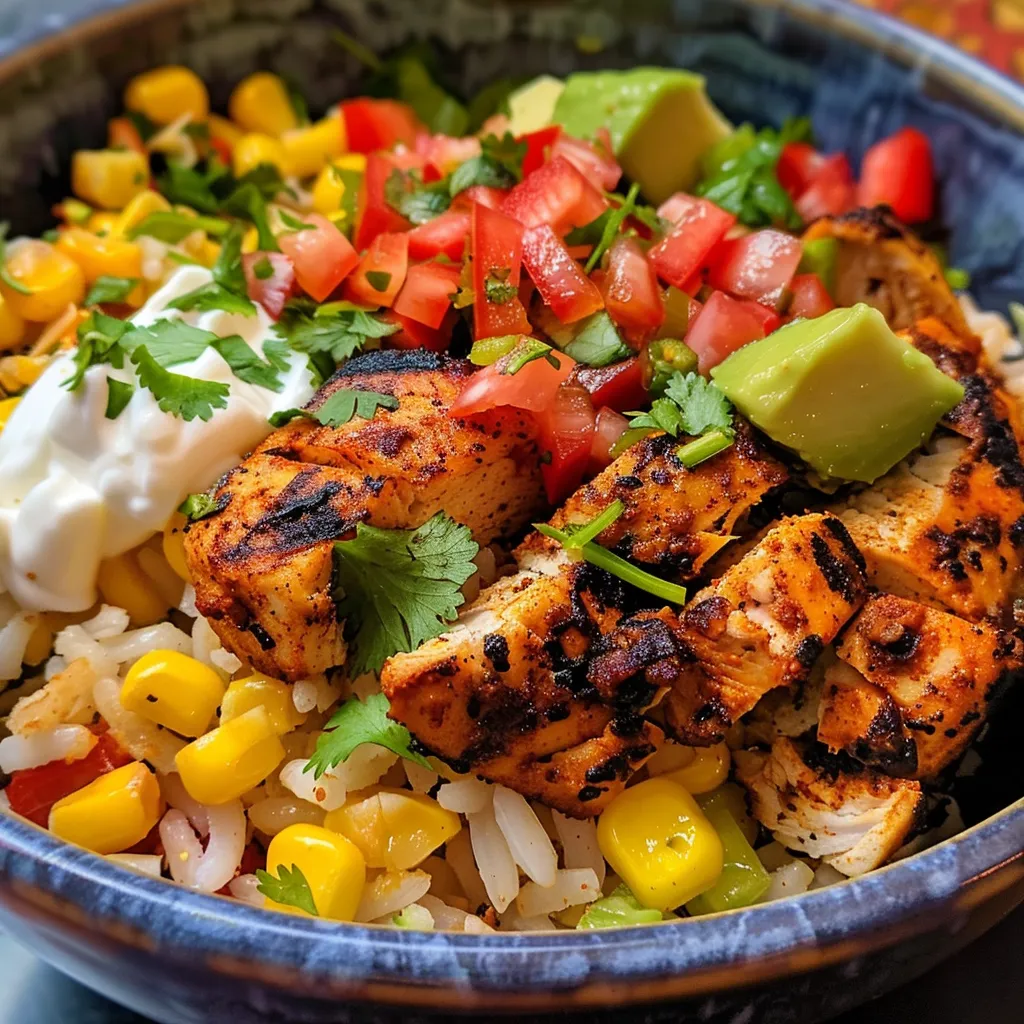 Lively presentation of a High Protein Chicken Bowl showcasing ingredients like chicken, corn, and lime.