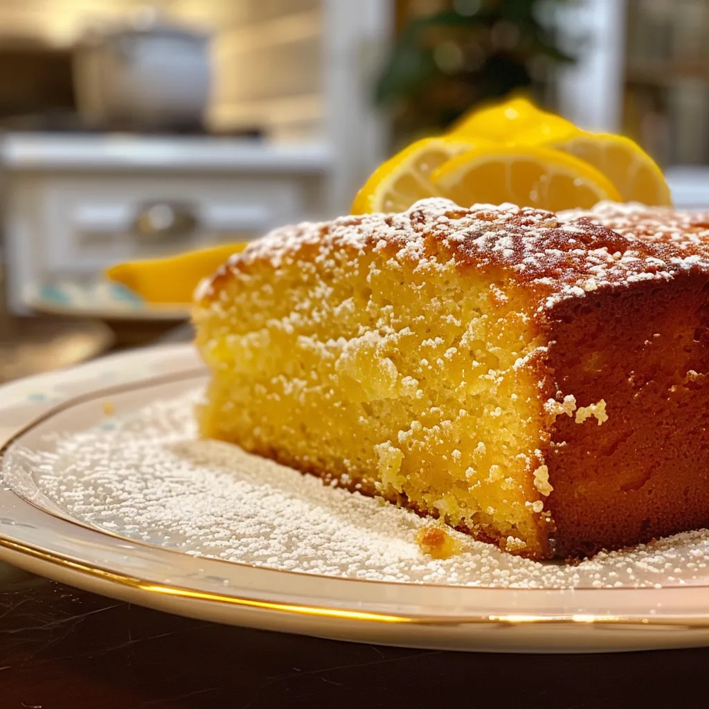 Slice of Italian Lemon Olive Oil Cake showcasing its tender crumb and glossy olive oil sheen.
