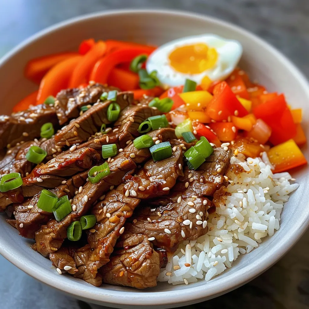A mouthwatering Korean-style beef rice bowl, emphasizing juicy flank steak over jasmine rice with a colorful topping.