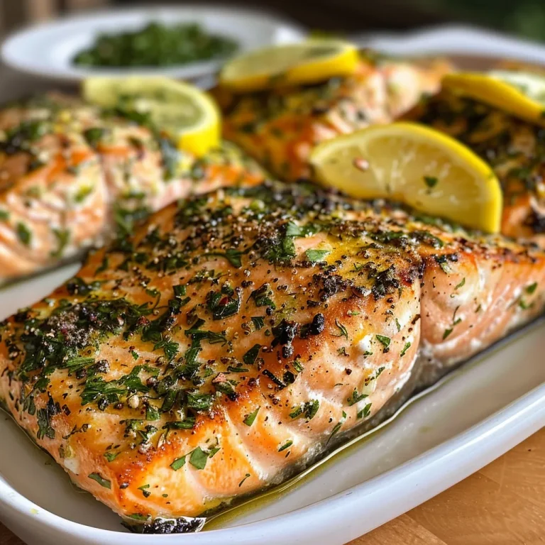 Side view of a perfectly grilled salmon fillet with lemon and herbs on a plate.