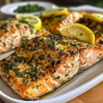 Freshly grilled salmon with herbs, lemon slices, and a glistening surface.