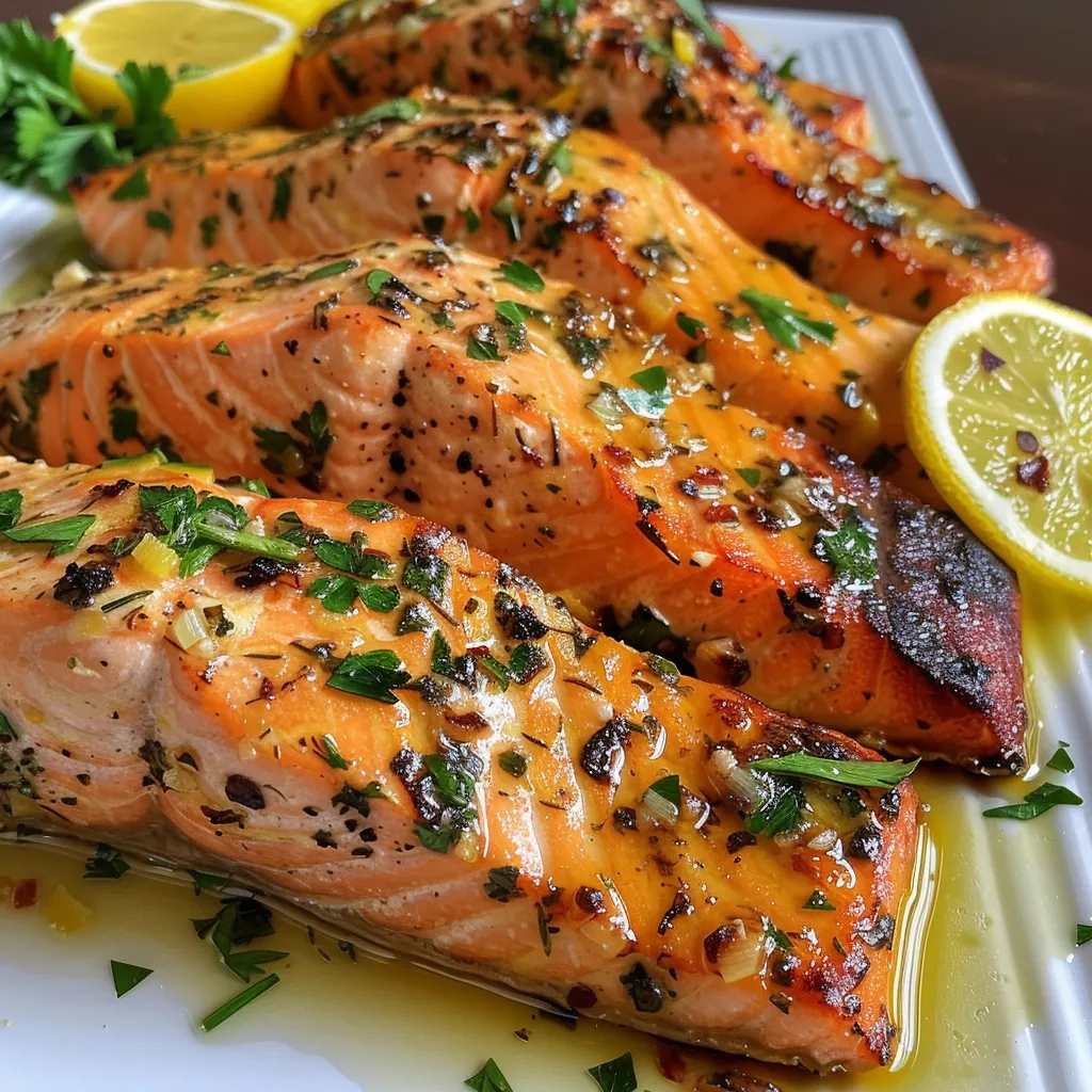 Deliciously cooked salmon fillet sprinkled with herbs and accompanied by lemon slices.