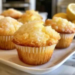 Succulent lemon muffins displayed on a white plate, showcasing their texture.