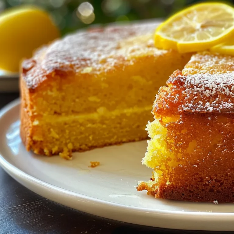A detailed image of a lemon olive oil cake slice, highlighting the juicy interior and glossy glaze.
