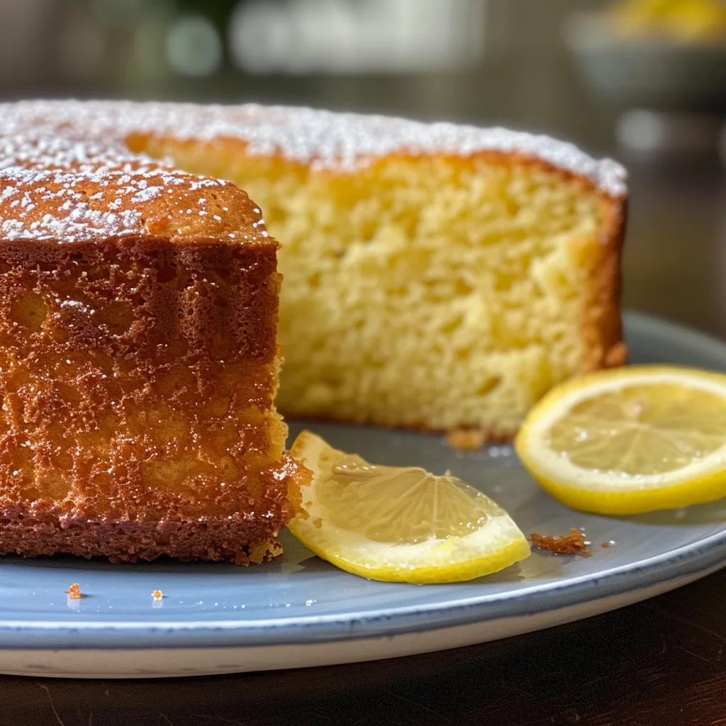 Side view of a lemon olive oil cake, emphasizing its fluffy layers and lemony sheen.