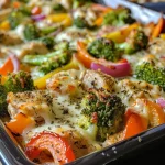 Side view of a hearty chicken and vegetable dish fresh out of the oven.