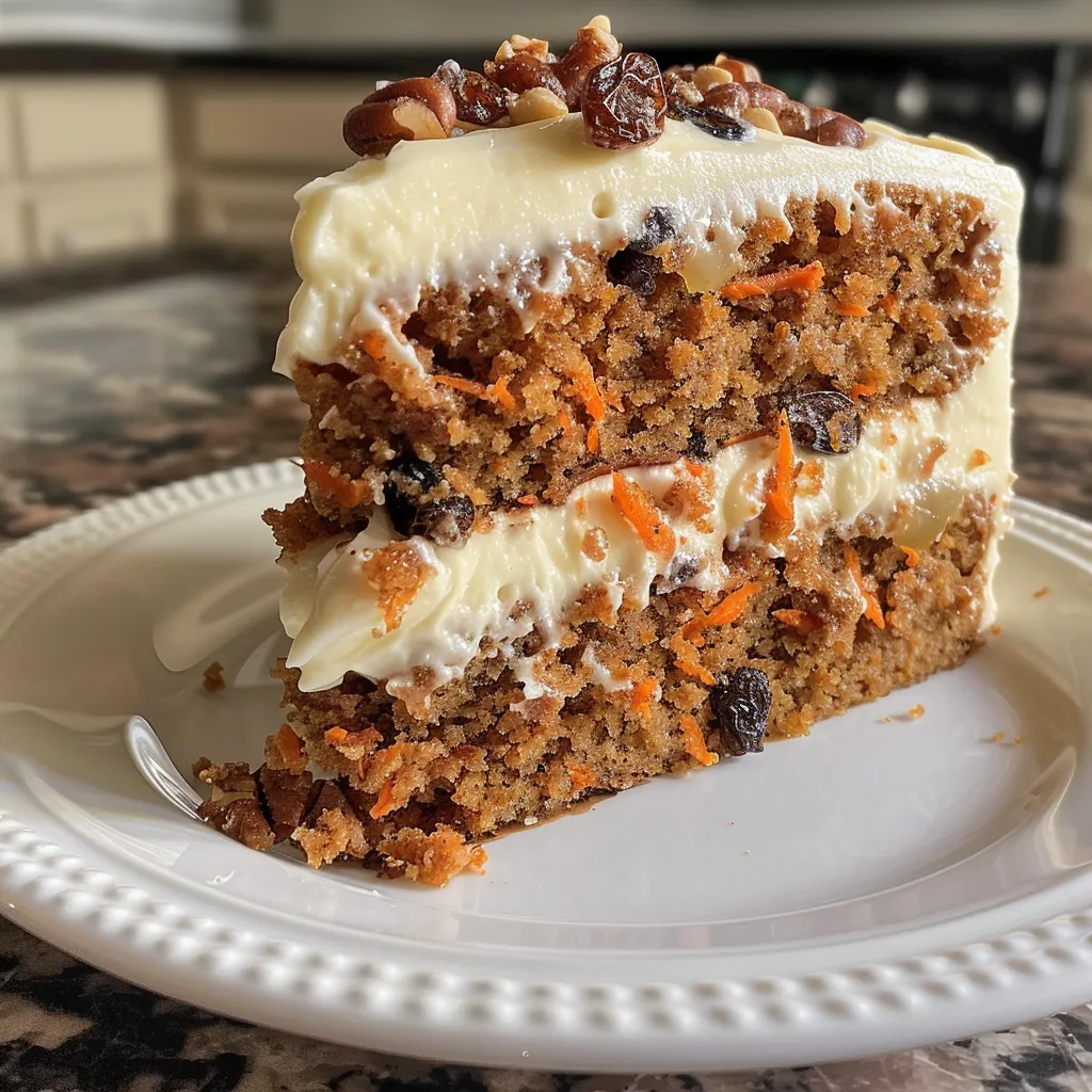 A portion of carrot cake topped with a thick layer of frosting and garnished with raisins.