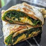 An appetizing low-carb spinach wrap filled with eggs and spices, displayed on a clean white background.