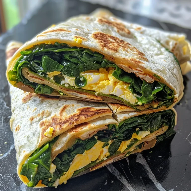 An appetizing low-carb spinach wrap filled with eggs and spices, displayed on a clean white background.