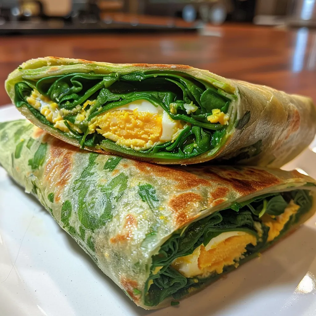 A juicy low-carb spinach wrap captured from the side, with visible spinach and a soft egg interior.