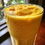 Side view of a thick mango smoothie filled with natural ingredients.
