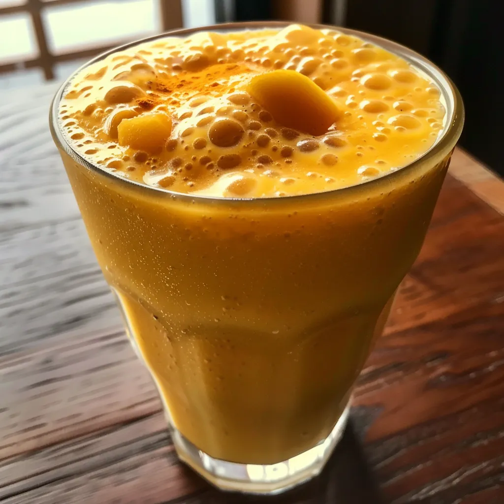 Delicious-looking mango protein smoothie on a wooden table.