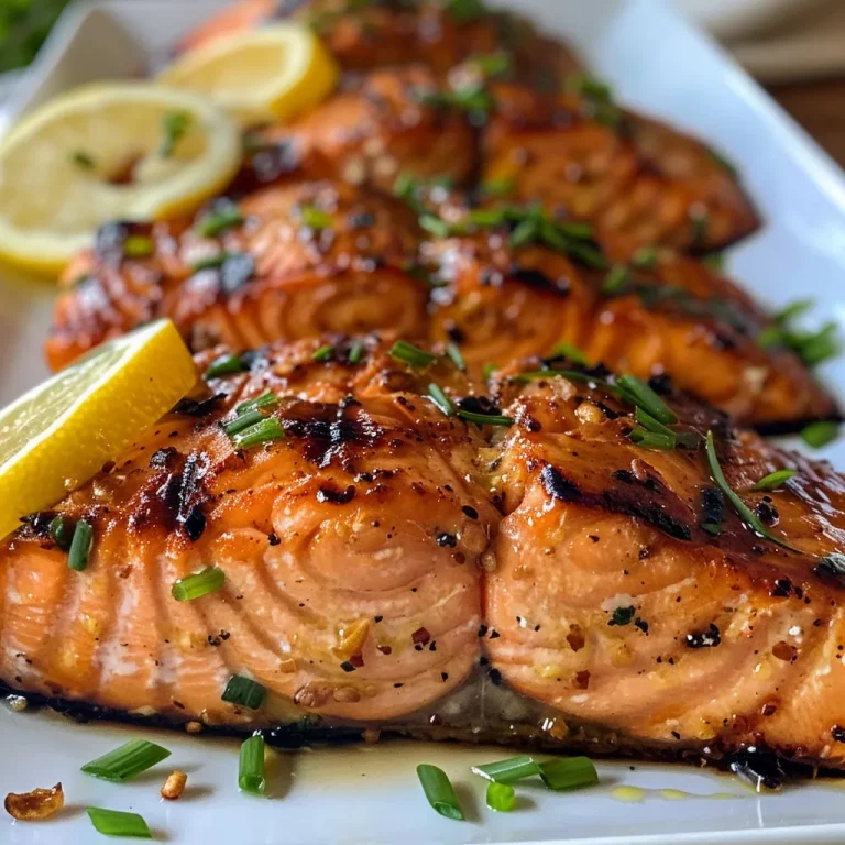 Side view of succulent marinated salmon fillet, highlighting the juicy texture and fresh garnish.