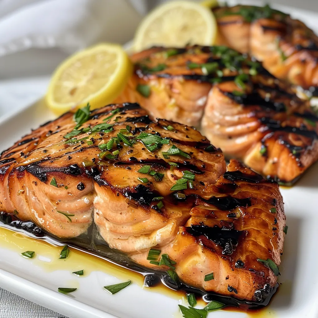Delicious grilled salmon with a shiny glaze, accompanied by herbs and lemon on a white plate.