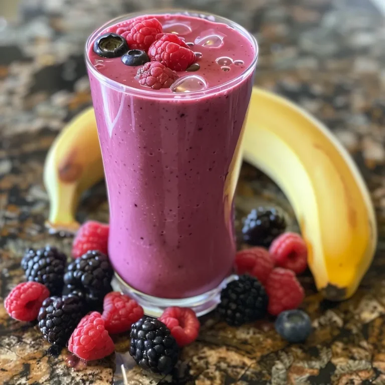 A refreshing mixed berry smoothie displayed in a glass, with fresh berries and yogurt ingredients visible.