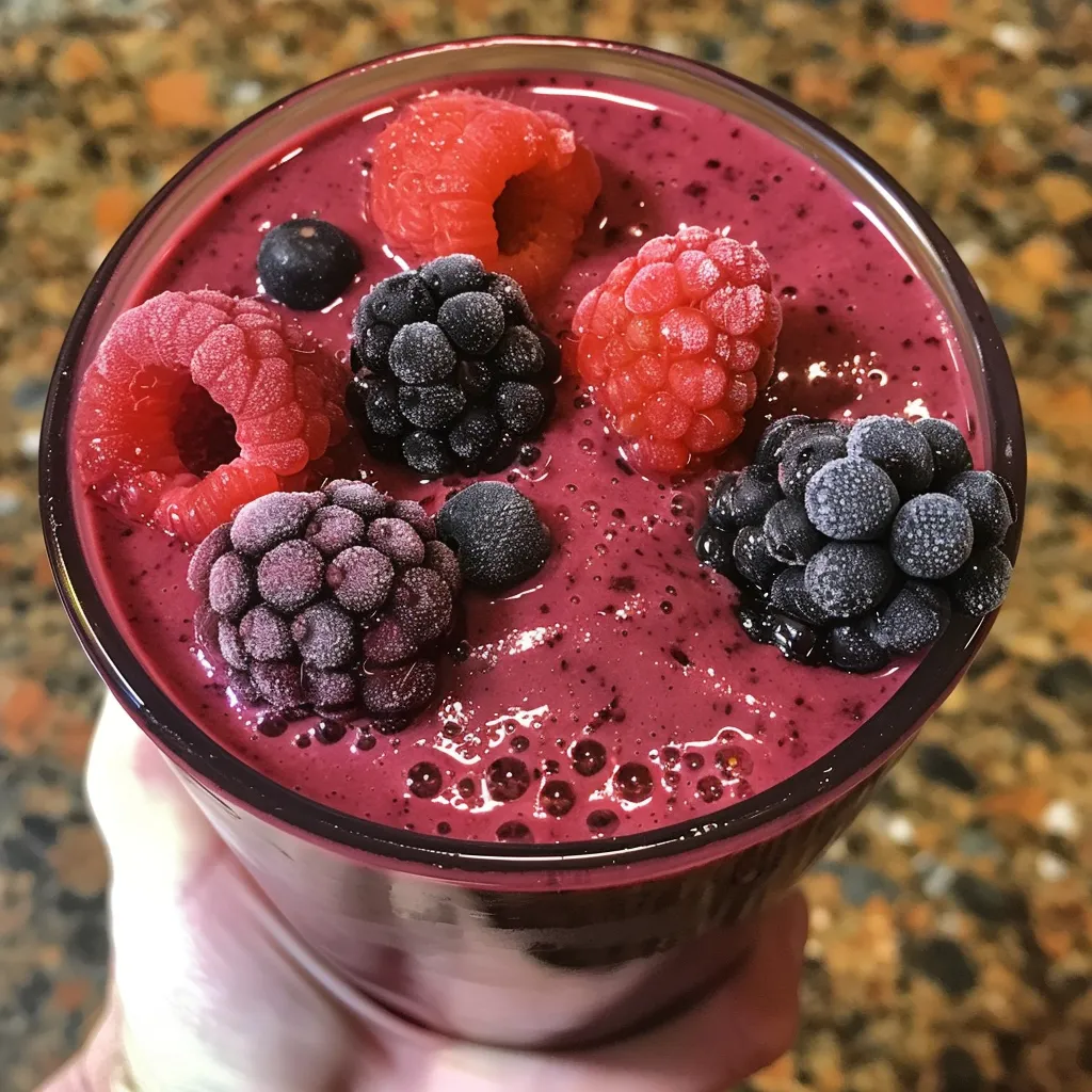 Smoothie made from frozen mixed berries, banana, and yogurt, showing a blended, creamy consistency.