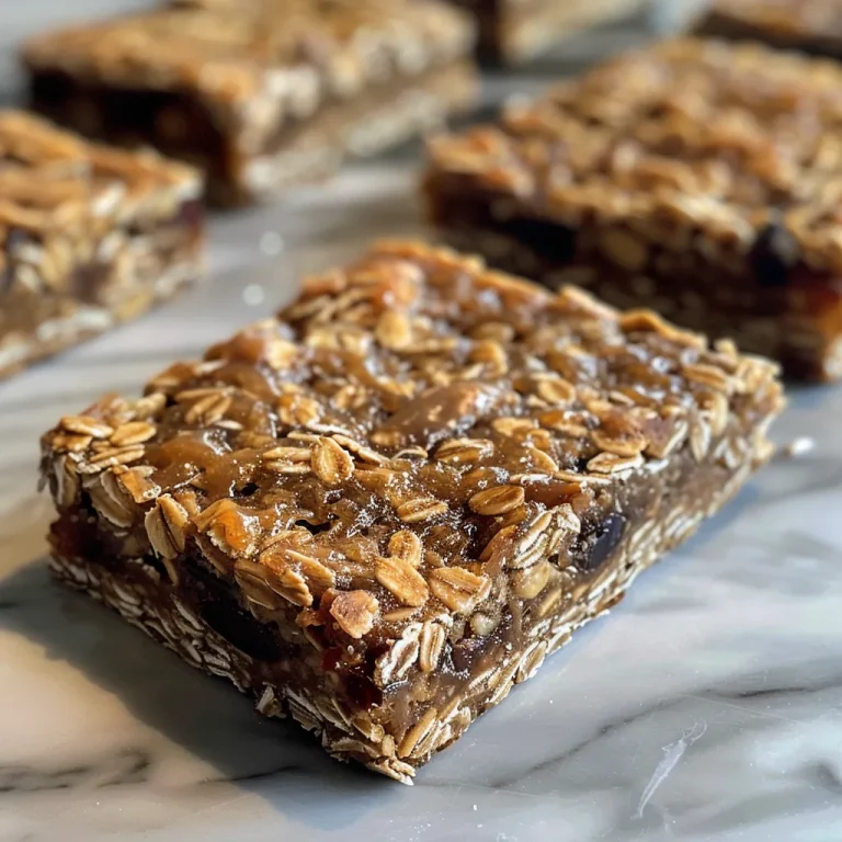 Piled oatmeal date bars showcasing rolled oats, nuts, and a drizzle of honey.