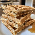 Juicy oatmeal waffles with a crispy exterior displayed on a wooden table.