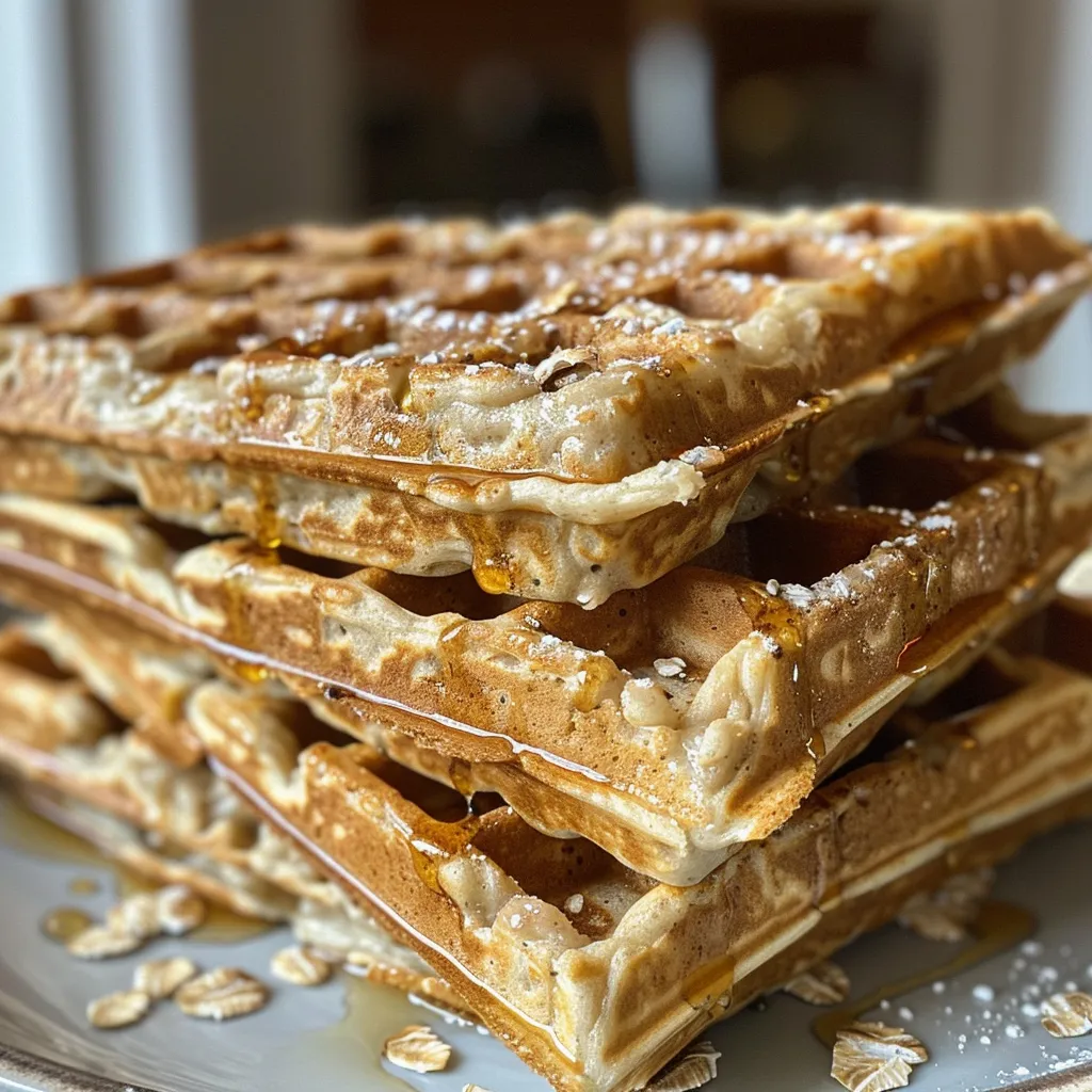 Mouth-watering oatmeal waffles garnished with fresh fruit and a sprinkle of cinnamon.