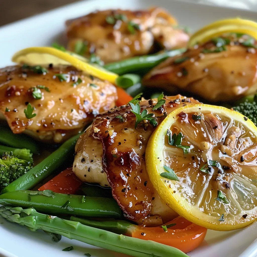 Colorful mixed vegetables surrounding savory honey lemon chicken in a pan.