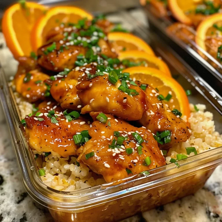 Juicy orange chicken in a meal prep bowl, surrounded by fluffy rice and fresh herbs, viewed from the side.