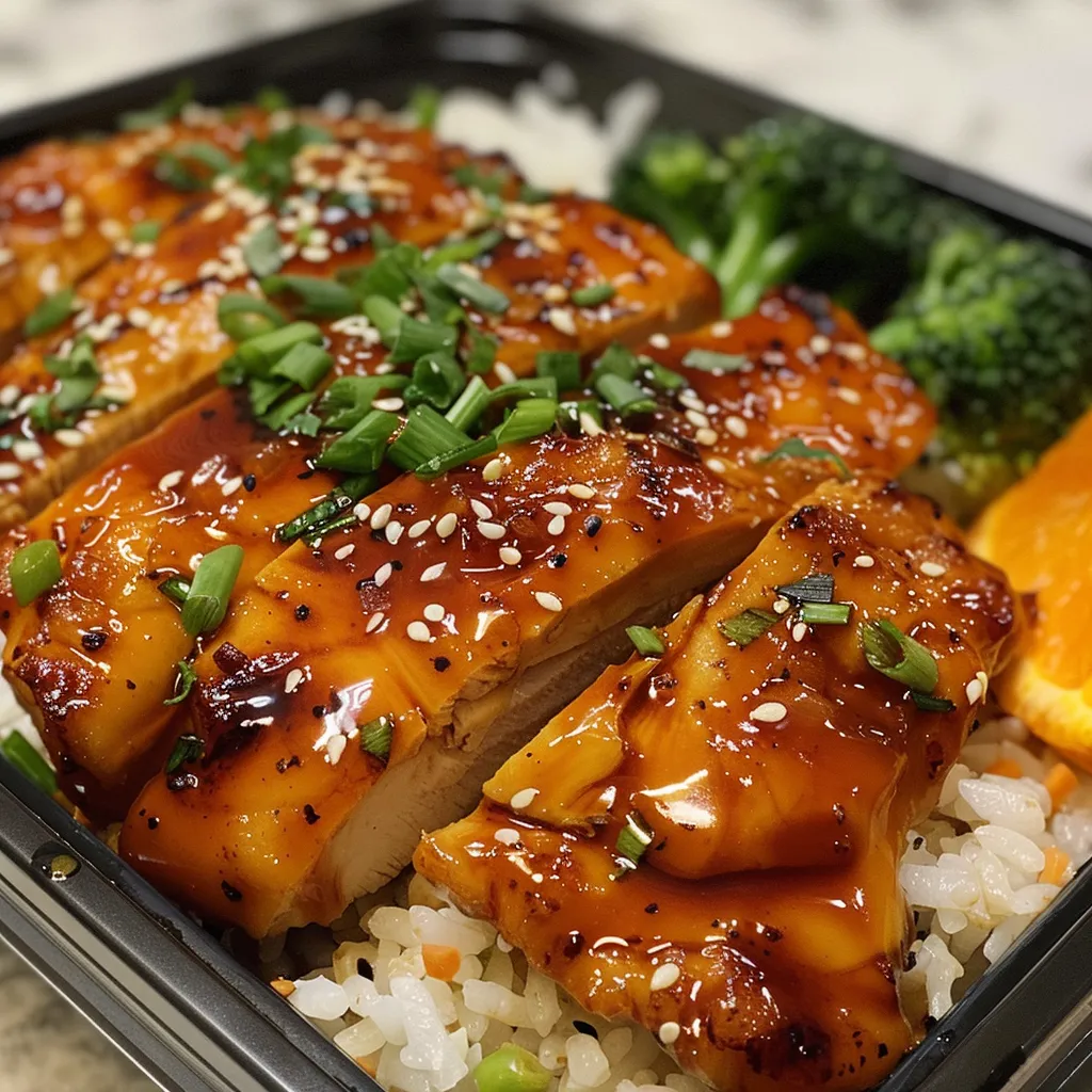 Delicious orange chicken meal prep bowl with rice and vegetables, captured in a close-up side view.