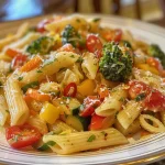 Deliciously plated Pasta Primavera showcasing bell peppers, zucchini, and cherry tomatoes.