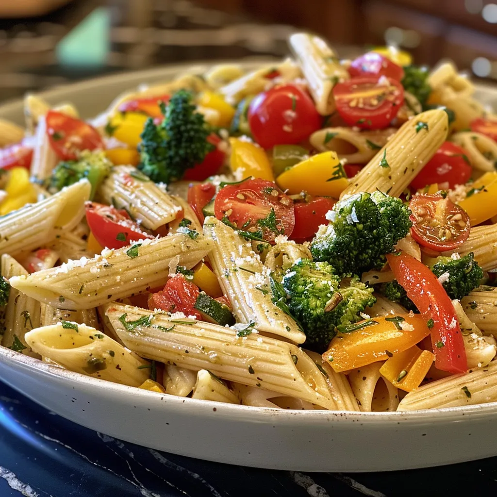 Juicy Pasta Primavera highlighting various vegetables in a creamy sauce.
