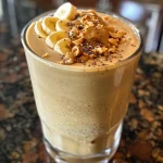 A refreshing Peanut Butter Banana Smoothie in a clear glass with ice cubes, surrounded by ingredients on a kitchen counter.