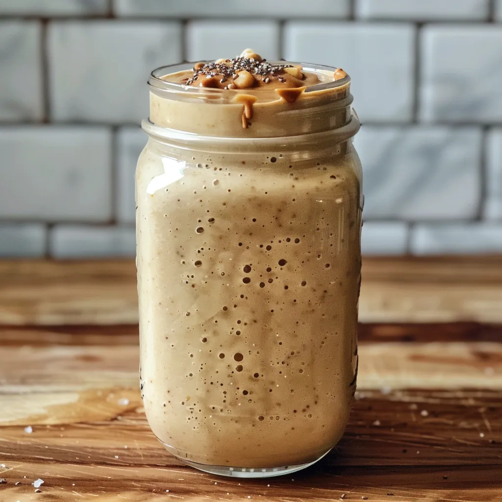 Vibrant Peanut Butter Banana Smoothie in a glass, with a ripe banana and honey jar placed nearby.